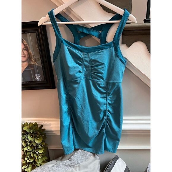 Athleta Teal Ruched Long Line Shelf Bra Athletic Top sz LT - Picture 1 of 5